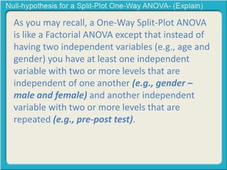 As you may recall, a One-Way Split-Plot ANOVA 
is like a Factorial ANOVA except that instead of 
having two independent variables (e.g., age and 
gender) you have at least one independent 
variable with two or more levels that are 
independent of one another (e.g., gender – 
male and female) and another independent 
variable with two or more levels that are 
repeated (e.g., pre-post test). 
 