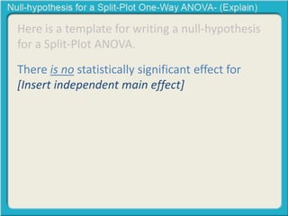 Here is a template for writing a null-hypothesis 
for a Split-Plot ANOVA. 
There is no statistically significant effect for 
[Insert independent main effect] 
 