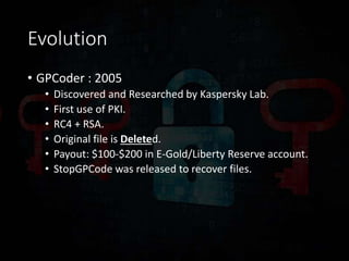 Evolution
• GPCoder : 2005
• Discovered and Researched by Kaspersky Lab.
• First use of PKI.
• RC4 + RSA.
• Original file is Deleted.
• Payout: $100-$200 in E-Gold/Liberty Reserve account.
• StopGPCode was released to recover files.
 