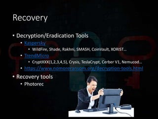 Recovery
• Decryption/Eradication Tools
• Kaspersky
• WildFire, Shade, Rakhni, SMASH, CoinVault, XORIST…
• TrendMicro
• CryptXXX(1,2,3,4,5), Crysis, TeslaCrypt, Cerber V1, Nemucod…
• https://www.nomoreransom.org/decryption-tools.html
• Recovery tools
• Photorec
 