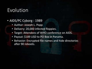 Evolution
• AIDS/PC Cyborg : 1989
• Author: Joseph L. Popp
• Delivery: 20,000 infected floppies.
• Target: Attendees of WHO conference on AIDS.
• Payout: $189 USD to PO Box in Panama.
• Behavior: Encrypted file names and hide directories
after 90 reboots.
 