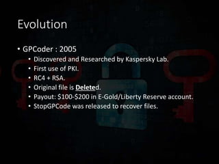 Evolution
• GPCoder : 2005
• Discovered and Researched by Kaspersky Lab.
• First use of PKI.
• RC4 + RSA.
• Original file ...