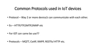 Common Protocols used in IoT devices
• Protocol – Way 2 or more device/s can communicate with each other.
• Ex – HTTP,FTP,SMTP,SNMP etc
• For IOT can same be use??
• Protocols – MQTT, CoAP, XMPP, RESTful HTTP etc.
 