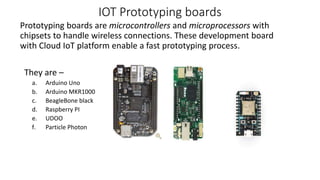 IOT Prototyping boards
Prototyping boards are microcontrollers and microprocessors with
chipsets to handle wireless connections. These development board
with Cloud IoT platform enable a fast prototyping process.
They are –
a. Arduino Uno
b. Arduino MKR1000
c. BeagleBone black
d. Raspberry PI
e. UDOO
f. Particle Photon
 