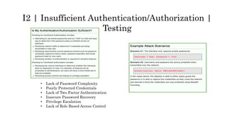 I2 | Insufficient Authentication/Authorization |
Testing
• Lack of Password Complexity
• Poorly Protected Credentials
• Lack of Two Factor Authentication
• Insecure Password Recovery
• Privilege Escalation
• Lack of Role Based Access Control
 