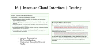 I6 | Insecure Cloud Interface | Testing
• Account Enumeration
• No Account Lockout
• Credentials Exposed in Network
Traffic
 