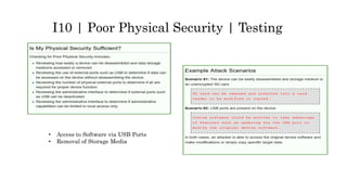 I10 | Poor Physical Security | Testing
• Access to Software via USB Ports
• Removal of Storage Media
 