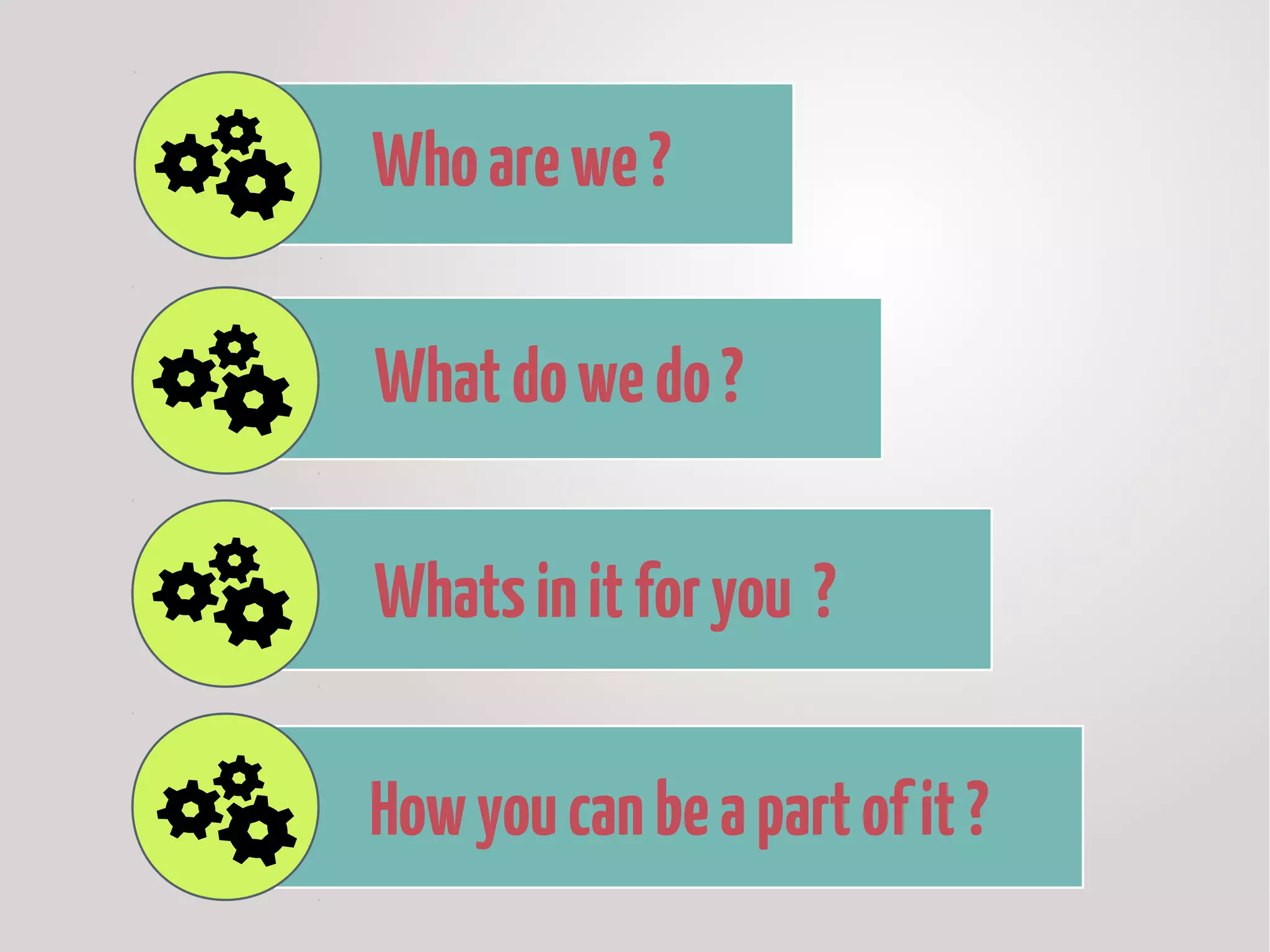 Whoarewe?
Whatdowedo?
Whatsinitforyou ?
Howyoucanbeapartofit?
 