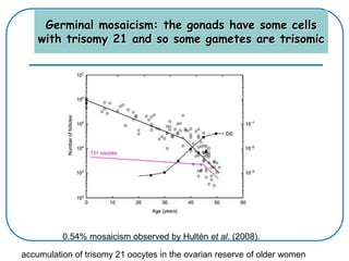 0.54% mosaicism observed by Hultén et al. (2008).
accumulation of trisomy 21 oocytes in the ovarian reserve of older women
Germinal mosaicism: the gonads have some cells
with trisomy 21 and so some gametes are trisomic
 