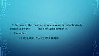 2. Polysemy : the meaning of one lexeme is metaphorically
extended on the basis of some similarity.
• Examples :
leg (of a man) VS. leg (of a table).
 