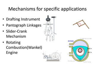 Mechanisms for specific applications
• Drafting Instrument
• Pantograph Linkages
• Slider-Crank
Mechanism
• Rotating
Combustion(Wankel)
Engine
 