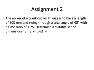 Assignment 2
The rocker of a crank-rocker linkage is to have a length
of 500 mm and swing through a total angle of 45° with
a time ratio of 1.25. Determine a suitable set of
dimensions for 𝑟1, 𝑟2 𝑎𝑛𝑑 𝑟3.
 