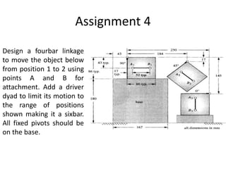 Assignment 4
Design a fourbar linkage
to move the object below
from position 1 to 2 using
points A and B for
attachment. Add a driver
dyad to limit its motion to
the range of positions
shown making it a sixbar.
All fixed pivots should be
on the base.
 