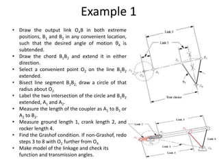 Example 1
• Draw the output link O4B in both extreme
positions, B1 and B2 in any convenient location,
such that the desired angle of motion θ4 is
subtended.
• Draw the chord B1B2 and extend it in either
direction.
• Select a convenient point O2 on the line B1B2
extended.
• Bisect line segment B1B2, draw a circle of that
radius about O2.
• Label the two intersection of the circle and B1B2
extended, A1 and A2.
• Measure the length of the coupler as A1 to B1 or
A2 to B2.
• Measure ground length 1, crank length 2, and
rocker length 4.
• Find the Grashof condition. If non-Grashof, redo
steps 3 to 8 with O2 further from O4.
• Make model of the linkage and check its
function and transmission angles.
 