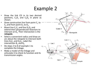 Example 2
• Draw the link CD in its two desired
positions, C1D1 and C2D2 in plane as
shown.
• Draw construction line from point C1 to
C2 and from point D1 to D2.
• Bisect line C1C2 and line D1D2 and
extend their perpendicular bisectors to
intersect at O4. Their intersection is the
rotopole.
• Select a convenient radius and draw an
arc about the rotopole to intersect both
lines O4C1 and O4C2. Label the
intersection B1 and B2.
• Do steps 2 to 8 of example 1 to
complete the linkage.
• Make a model of the linkage and
articulate it to check its function and its
transmission angles.
 