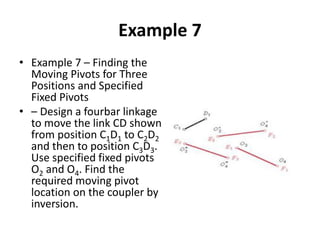 Example 7
• Example 7 – Finding the
Moving Pivots for Three
Positions and Specified
Fixed Pivots
• – Design a fourbar linkage
to move the link CD shown
from position C1D1 to C2D2
and then to position C3D3.
Use specified fixed pivots
O2 and O4. Find the
required moving pivot
location on the coupler by
inversion.
 