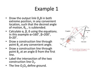 Example 1
• Draw the output link O4B in both
extreme position, in any convenient
location, such that the desired angle
of motion, θ4 , is subtended.
• Calculate α, β, δ using the equations.
In this example α=160°, β=200°,
δ=20°.
• Draw a construction line through
point B1 at any convenient angle.
• Draw a construction line through
point B2 at an angle δ from the first
line.
• Label the intersection of the two
construction line O2.
• The line O2O4 define ground.
 