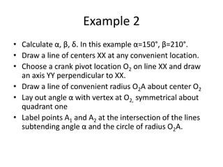 Example 2
• Calculate α, β, δ. In this example α=150°, β=210°.
• Draw a line of centers XX at any convenient location.
• Choose a crank pivot location O2 on line XX and draw
an axis YY perpendicular to XX.
• Draw a line of convenient radius O2A about center O2
• Lay out angle α with vertex at O2, symmetrical about
quadrant one
• Label points A1 and A2 at the intersection of the lines
subtending angle α and the circle of radius O2A.
 