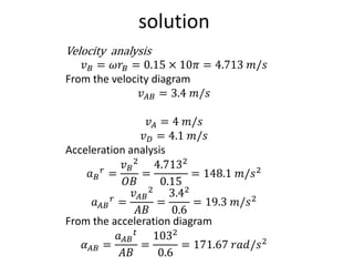 solution
Velocity analysis
𝑣𝐵 = 𝜔𝑟𝐵 = 0.15 × 10𝜋 = 4.713 𝑚/𝑠
From the velocity diagram
𝑣𝐴𝐵 = 3.4 𝑚/𝑠
𝑣𝐴 = 4 𝑚/𝑠
𝑣𝐷 = 4.1 𝑚/𝑠
Acceleration analysis
𝑎𝐵
𝑟 =
𝑣𝐵
2
𝑂𝐵
=
4.7132
0.15
= 148.1 𝑚/𝑠2
𝑎𝐴𝐵
𝑟 =
𝑣𝐴𝐵
2
𝐴𝐵
=
3.42
0.6
= 19.3 𝑚/𝑠2
From the acceleration diagram
𝛼𝐴𝐵 =
𝑎𝐴𝐵
𝑡
𝐴𝐵
=
1032
0.6
= 171.67 𝑟𝑎𝑑/𝑠2
 