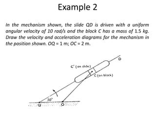 Example 2
In the mechanism shown, the slide QD is driven with a uniform
angular velocity of 10 rad/s and the block C has a mass of 1.5 kg.
Draw the velocity and acceleration diagrams for the mechanism in
the position shown. OQ = 1 m; OC = 2 m.
 