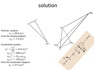 solution
Velocity analysis
𝑣𝑐 = 28.8 𝑚/𝑠
From the velocity diagram
𝑣𝑐𝑐′ = 7.5 𝑚/𝑠
Acceleration analysis
𝑎𝑐
𝑟
=
𝑣𝑐
2
𝑂𝐶
= 414 𝑚/𝑠2
𝑎𝐶′𝑄
𝑟
= 288 𝑚/𝑠2
𝑎𝐶′𝐶
𝐶
= 2𝑣𝑐𝑐′𝜔𝐶′𝑄
𝑎𝐶′𝐶
𝐶
= 150 m/𝑠2
From the acceleration diagram
𝑎𝐶 = 417 𝑚/𝑠2
 