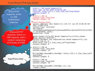 LesserKnownWebAppAttacks
A first HTTP
response, which
is a 302
(redirection)
response.
A second HTTP
response, which is a
200 response, with a
content comprising
of 19 bytes of HTML.
Superfluous data
 