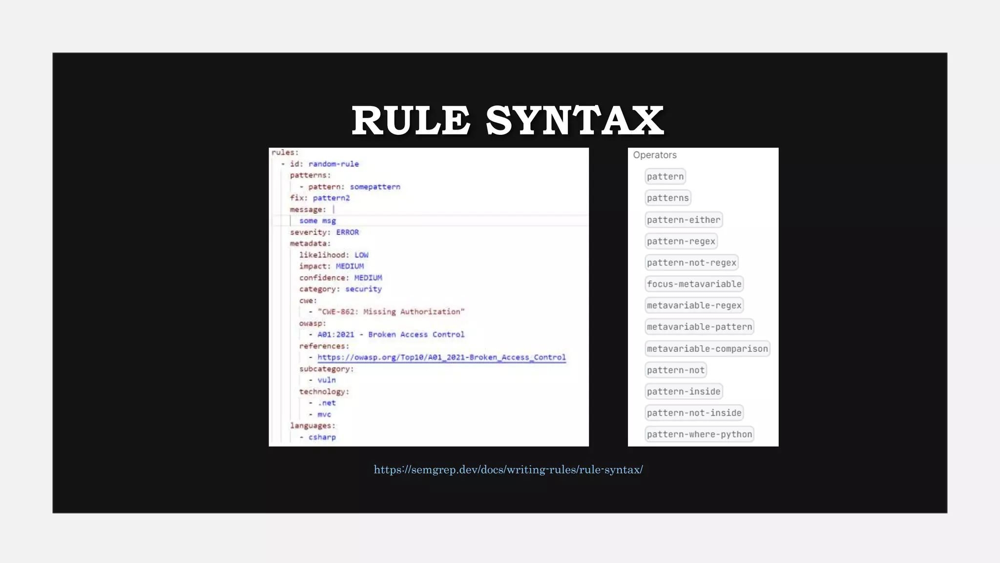 RULE SYNTAX
https://semgrep.dev/docs/writing-rules/rule-syntax/
 