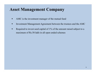  AMC is the investment manager of the mutual fund
 Investment Management Agreement between the trustees and the AMC
 Required to invest seed capital of 1% of the amount raised subject to a
maximum of Rs.50 lakh in all open ended schemes
Asset Management Company
9
 