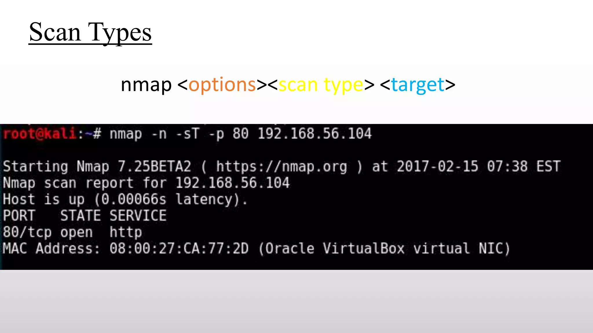 Scan Types
nmap <options><scan type> <target>
 