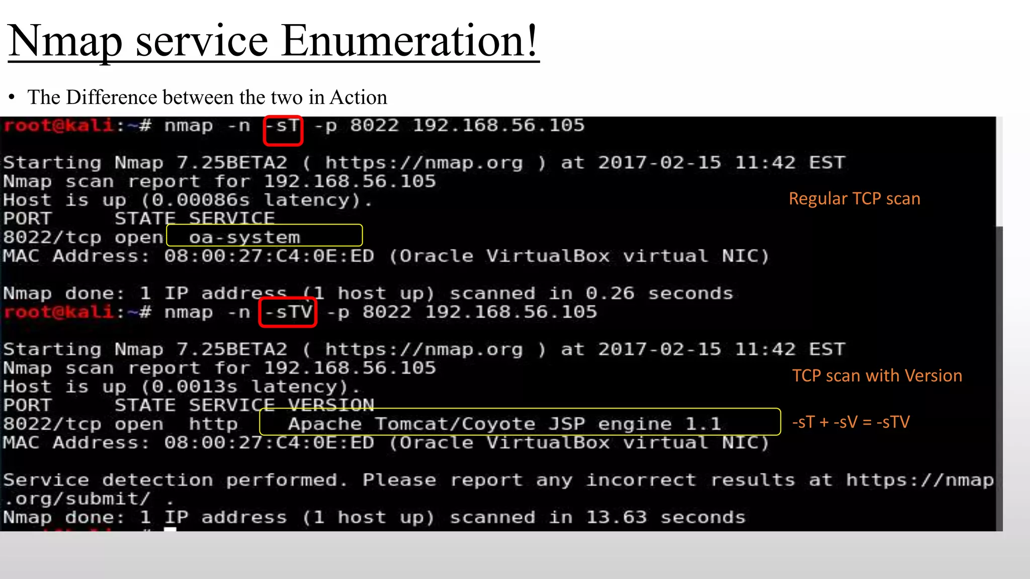 Nmap service Enumeration!
• The Difference between the two in Action
TCP scan with Version
-sT + -sV = -sTV
Regular TCP scan
 