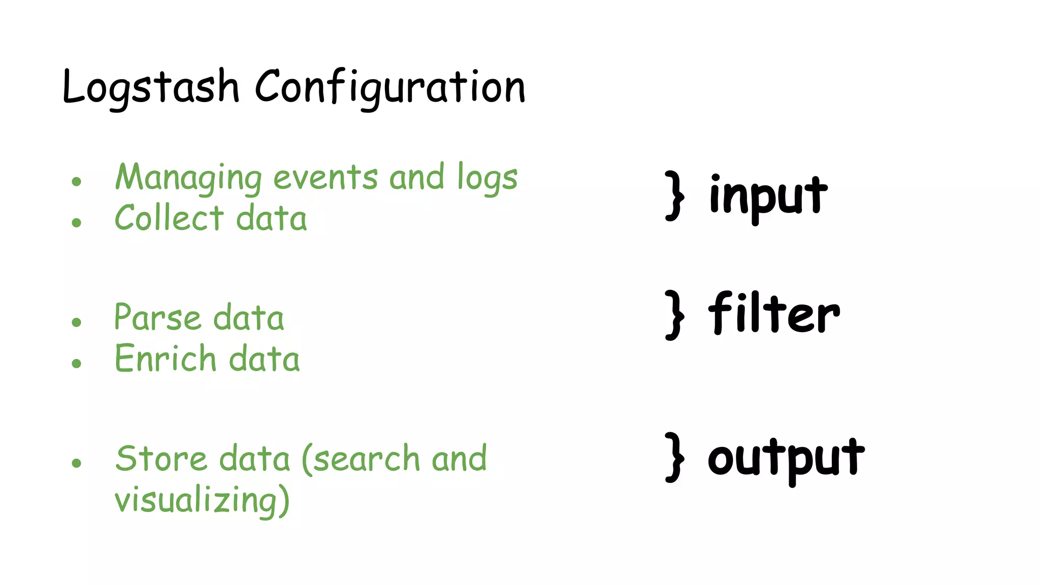 Logstash Configuration
● Managing events and logs
● Collect data
● Parse data
● Enrich data
● Store data (search and
visualizing)
} input
} filter
} output
 