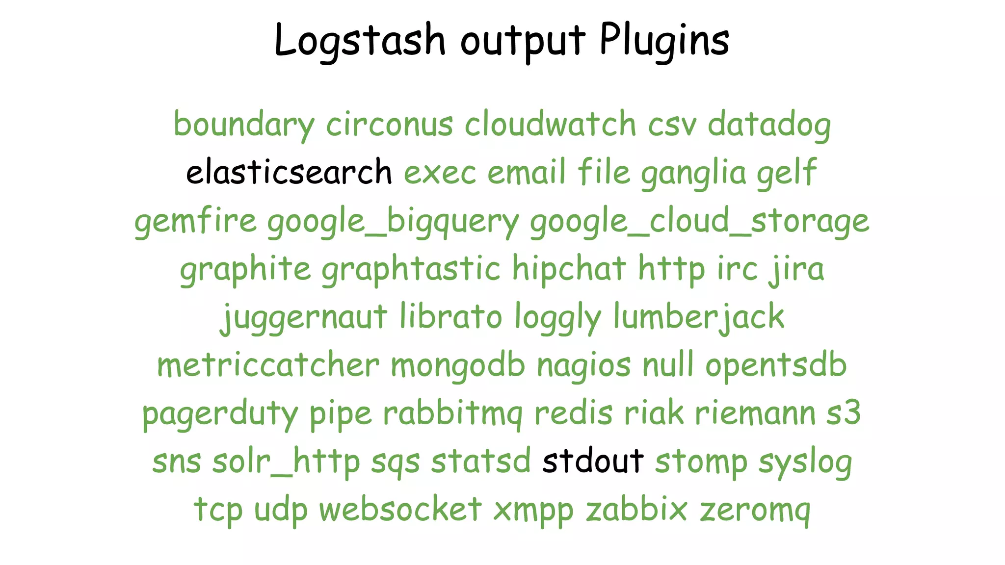 Logstash output Plugins
boundary circonus cloudwatch csv datadog
elasticsearch exec email file ganglia gelf
gemfire google_bigquery google_cloud_storage
graphite graphtastic hipchat http irc jira
juggernaut librato loggly lumberjack
metriccatcher mongodb nagios null opentsdb
pagerduty pipe rabbitmq redis riak riemann s3
sns solr_http sqs statsd stdout stomp syslog
tcp udp websocket xmpp zabbix zeromq
 