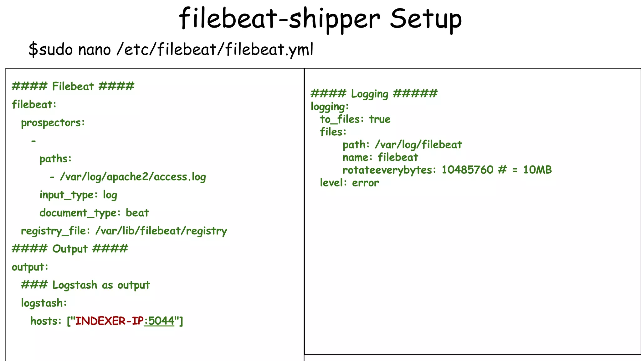 #### Filebeat ####
filebeat:
prospectors:
-
paths:
- /var/log/apache2/access.log
input_type: log
document_type: beat
registry_file: /var/lib/filebeat/registry
#### Output ####
output:
### Logstash as output
logstash:
hosts: ["INDEXER-IP:5044"]
#### Logging #####
logging:
to_files: true
files:
path: /var/log/filebeat
name: filebeat
rotateeverybytes: 10485760 # = 10MB
level: error
filebeat-shipper Setup
$sudo nano /etc/filebeat/filebeat.yml
 