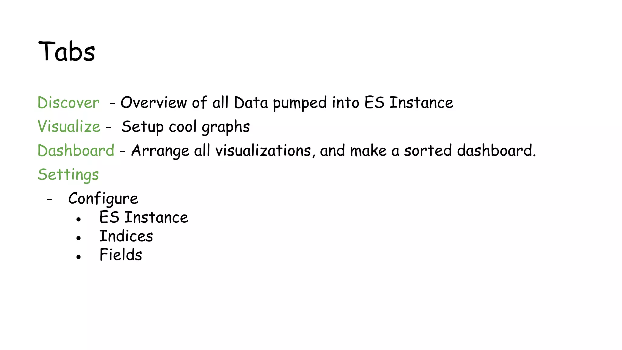 Tabs
Discover - Overview of all Data pumped into ES Instance
Visualize - Setup cool graphs
Dashboard - Arrange all visualizations, and make a sorted dashboard.
Settings
- Configure
● ES Instance
● Indices
● Fields
 