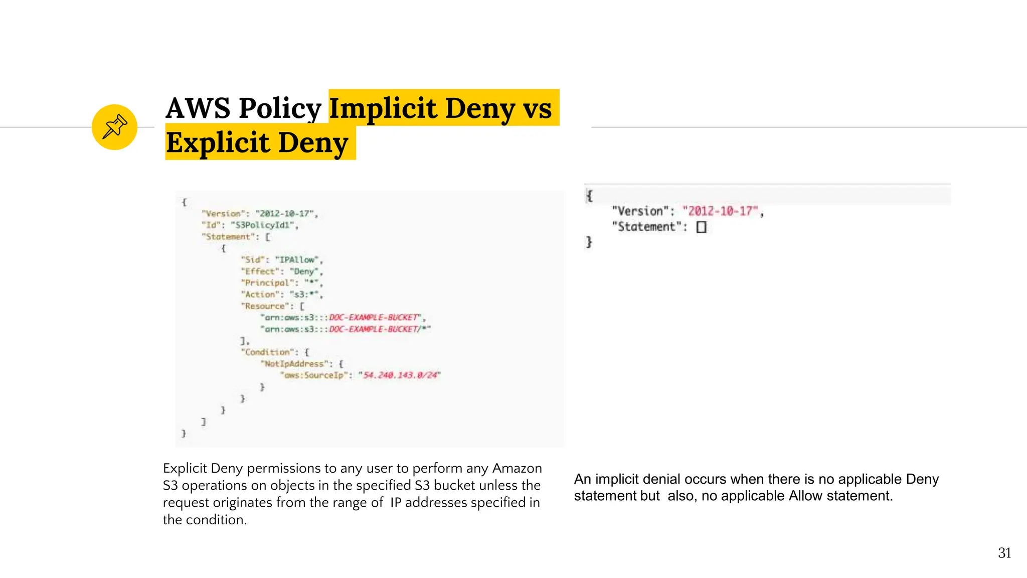 AWS Policy Implicit Deny vs
Explicit Deny
31
Explicit Deny permissions to any user to perform any Amazon
S3 operations on objects in the specified S3 bucket unless the
request originates from the range of IP addresses specified in
the condition.
An implicit denial occurs when there is no applicable Deny
statement but also, no applicable Allow statement.
 