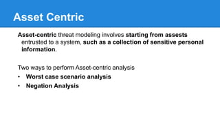 Worst case scenario analysis
Credit card details
exploited
Credit card details
sent over non
secure channel
http communication
to App server
Communication to
database server in
clear text
database
Credit card details
stored in clear text
SQL injection
Input validation not
done
Parameterized
prepared statement
not used
 