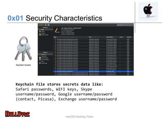 macOS Hacking Tricks
Keychain file stores secrets data like:
Safari passwords, WIFI keys, Skype
username/password, Google username/password
(contact, Picasa), Exchange username/password
0x01 Security Characteristics
 