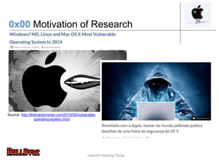 Source: http://thehackernews.com/2015/02/vulnerable-
operating-system.html
macOS Hacking Tricks
0x00 Motivation of Research
 