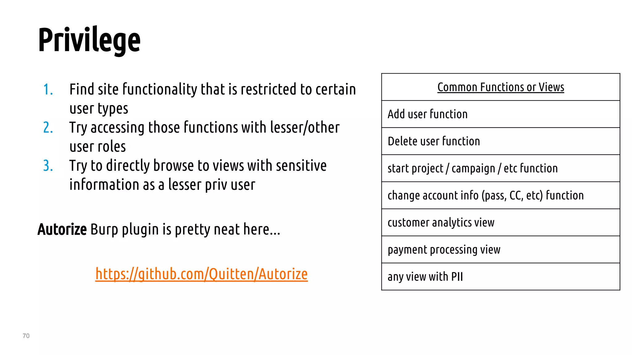 70
Privilege
1. Find site functionality that is restricted to certain
user types
2. Try accessing those functions with lesser/other
user roles
3. Try to directly browse to views with sensitive
information as a lesser priv user
Autorize Burp plugin is pretty neat here...
https://github.com/Quitten/Autorize
Common Functions or Views
Add user function
Delete user function
start project / campaign / etc function
change account info (pass, CC, etc) function
customer analytics view
payment processing view
any view with PII
 