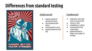 7
Differences from standard testing
Single-sourced Crowdsourced
● looking mostly for
common-ish vulns
● not competing with
others
● incentivized for count
● payment based on sniff
test
● looking for vulns that
aren’t as easy to find
● racing vs. time
● competitive vs. others
● incentivized to find
unique bugs
● payment based on
impact not number of
findings
 