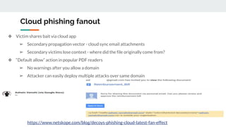 Cloud phishing fanout
❖ Victim shares bait via cloud app
➢ Secondary propagation vector - cloud sync email attachments
➢ Secondary victims lose context - where did the file originally come from?
❖ “Default allow” action in popular PDF readers
➢ No warnings after you allow a domain
➢ Attacker can easily deploy multiple attacks over same domain
https://www.netskope.com/blog/decoys-phishing-cloud-latest-fan-effect
 