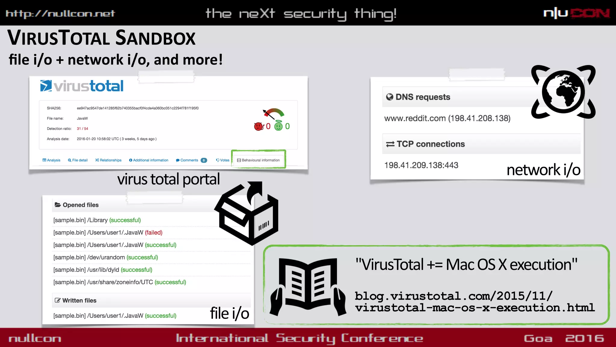 VIRUSTOTAL SANDBOX
ﬁle i/o + network i/o, and more!
virustotalportal
filei/o
networki/o
"VirusTotal+=MacOSXexecution" 
 
blog.virustotal.com/2015/11/
virustotal-mac-os-x-execution.html
 