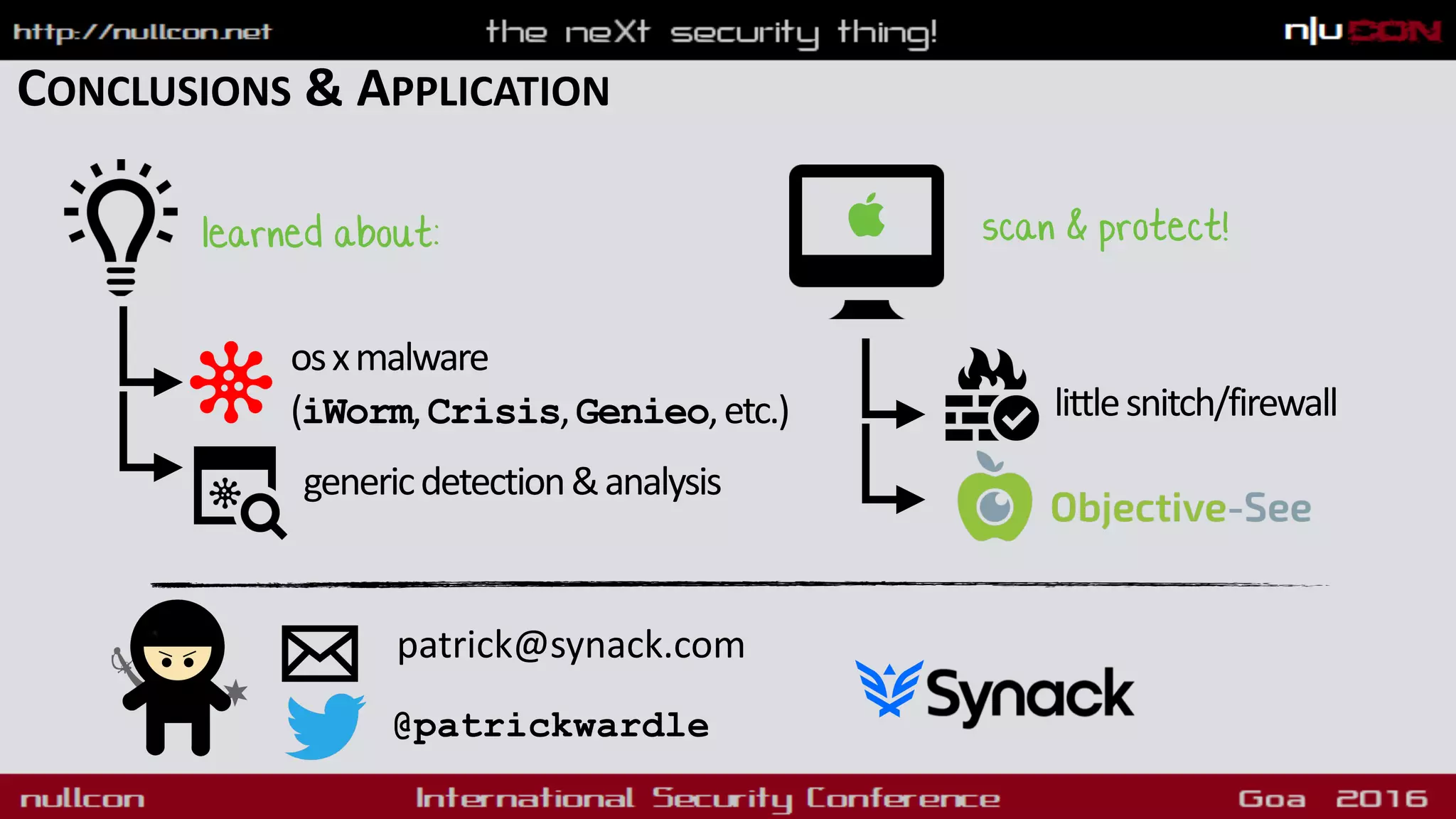 CONCLUSIONS & APPLICATION
osxmalware
(iWorm,Crisis,Genieo,etc.)
learned about: scan & protect!
littlesnitch/firewall
patrick@synack.com
@patrickwardle
genericdetection&analysis
 