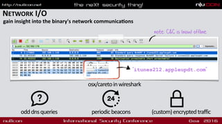NETWORK I/O
gain insight into the binary's network communicadons
osx/caretoinwireshark
note: C&C is (now) offline
odddnsqueries periodicbeacons (custom)encryptedtraffic
"itunes212.appleupdt.com"
 