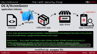 OS X/XCODEGHOST
applicadon infector
$ less Xcode.app/Contents/PlugIns/Xcode3Core.ideplugin/Contents/SharedSupport/Develope...