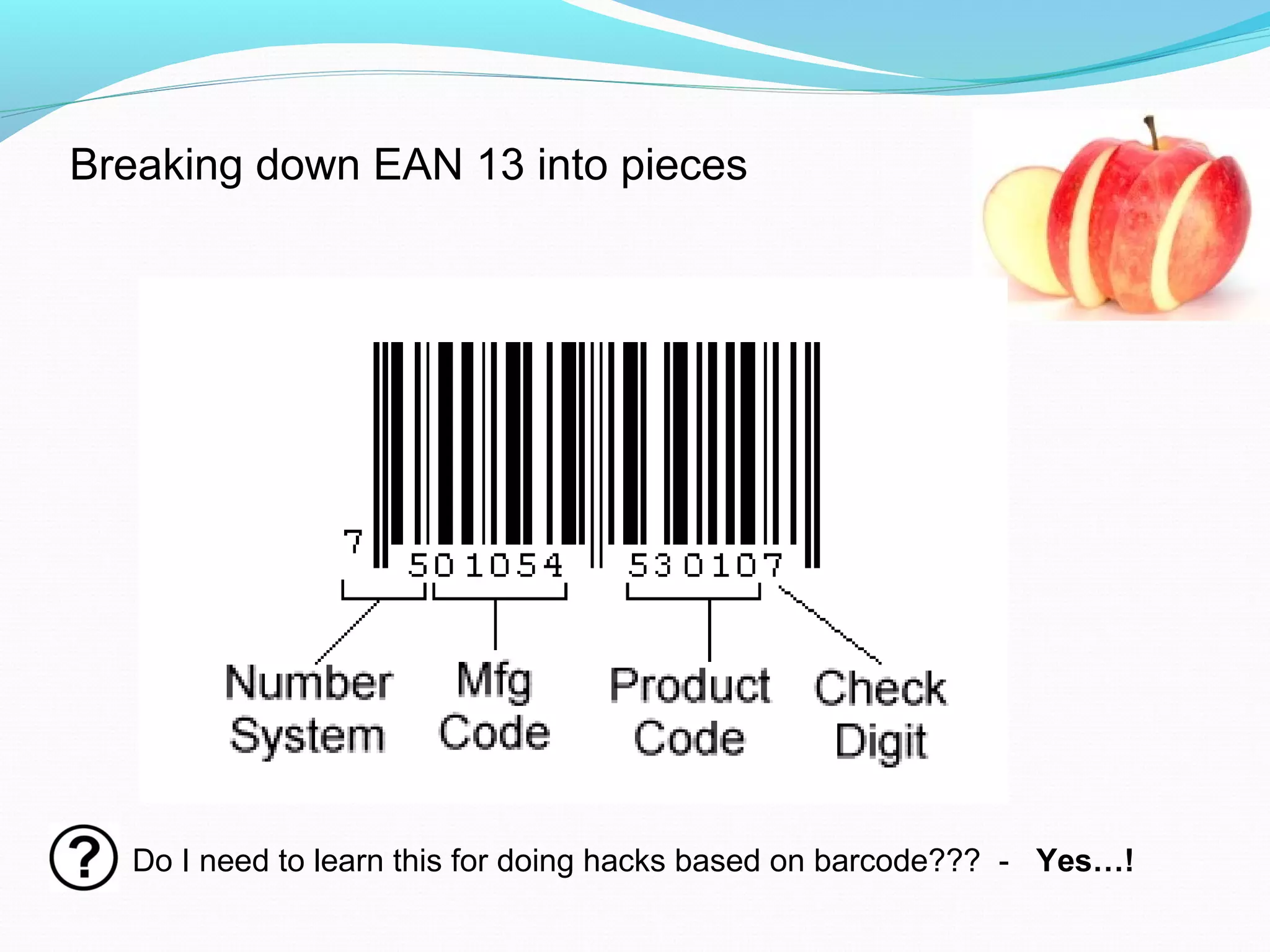 Breaking down EAN 13 into pieces
Do I need to learn this for doing hacks based on barcode??? - Yes…!
 