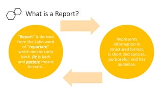 What is a Report?
“Report” is derived
from the Latin word
of “reportare”
which means carry
back. Re is back
and portare means
to carry.
Represents
information in
structured format,
is short and concise,
purposeful, and has
audience.
 
