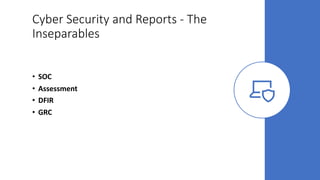 Cyber Security and Reports - The
Inseparables
• SOC
• Assessment
• DFIR
• GRC
 