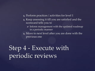 


Perform practices / activities for level 1
Keep assessing it till you are satisfied and the
scorecard tells you to




Inform management with the updated roadmap
in a periodic manner

Move to next level after you are done with the
previous one

Step 4 - Execute with
periodic reviews

 